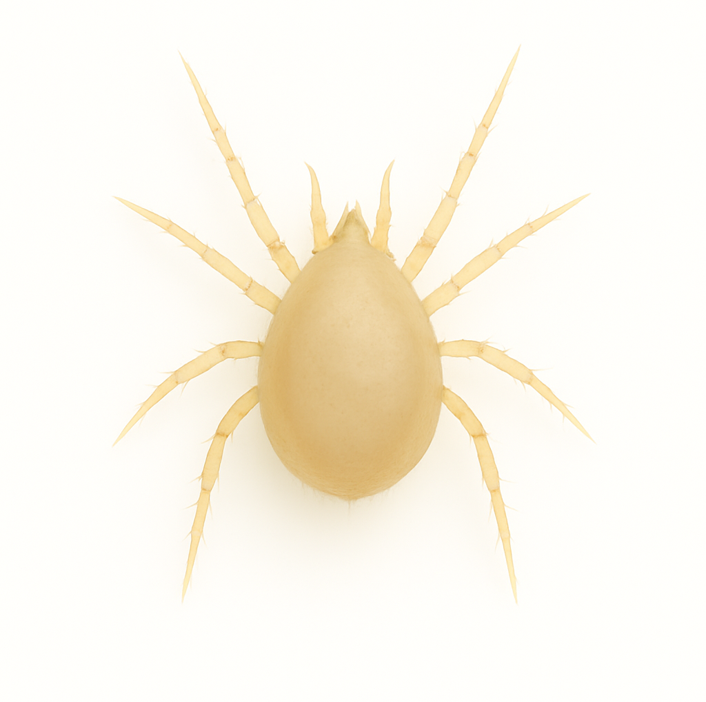 Amblyseius cucumeris predatory mite on pure white background – beneficial mite for prevention and control of thrips larvae and other small pests in greenhouse and crop systems.