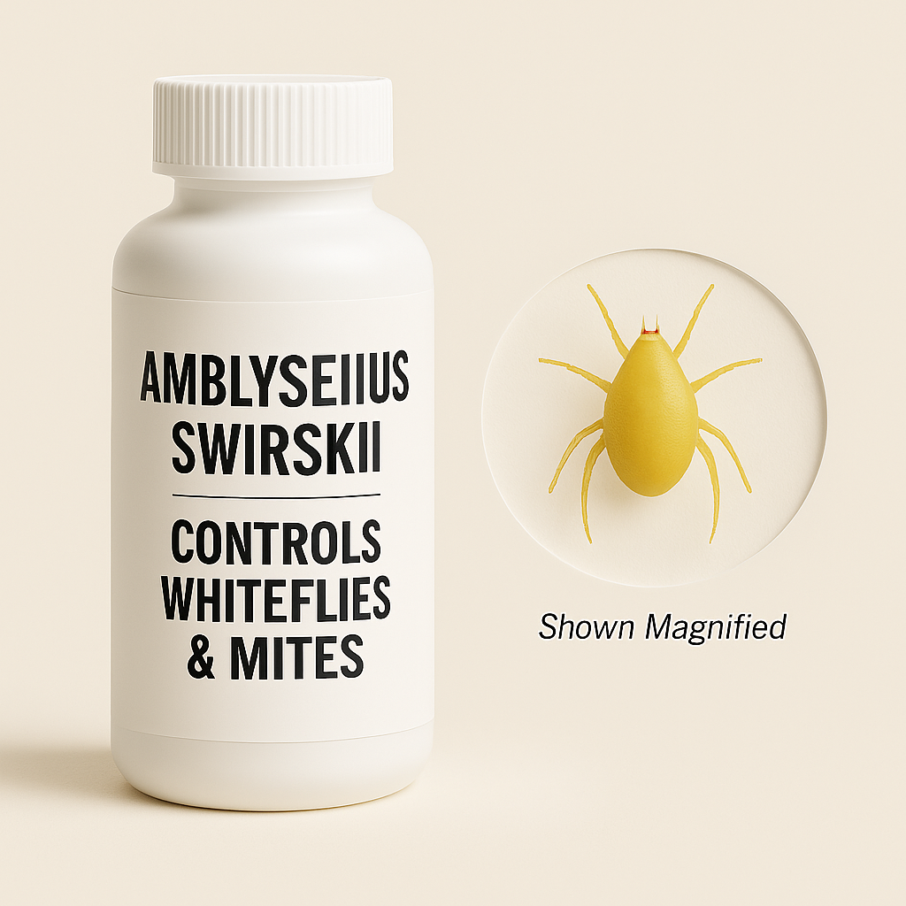 White bottle labeled Amblyseius swirskii with a magnified pale-yellow predatory mite encircled beside it, shown against a beige background, representing biological thrips and whitefly control.