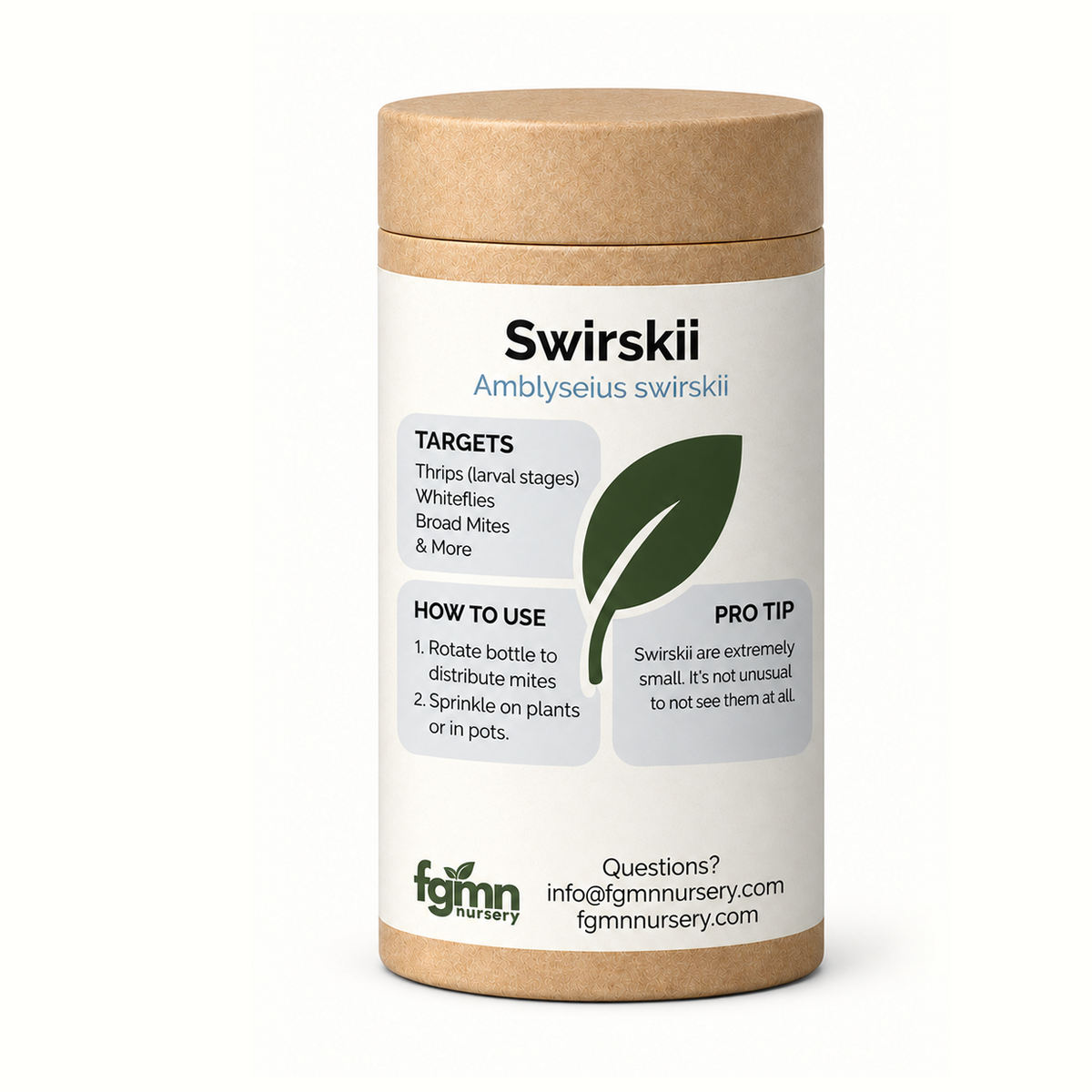 Kraft tube of FGMN Amblyseius swirskii predatory mites, labelled for thrips larvae, whiteflies and broad mites.