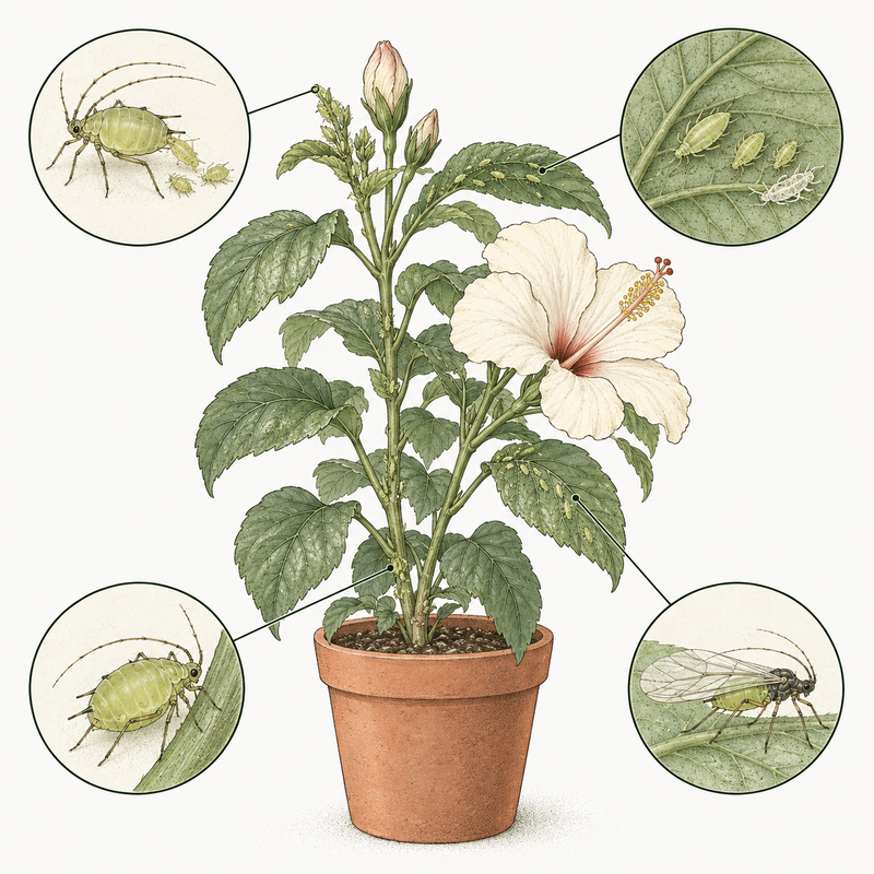 Ink drawing of a potted hibiscus with aphids on the shoot tips and leaves, with close-ups of live birth, growing nymphs, a wingless adult and a winged adult