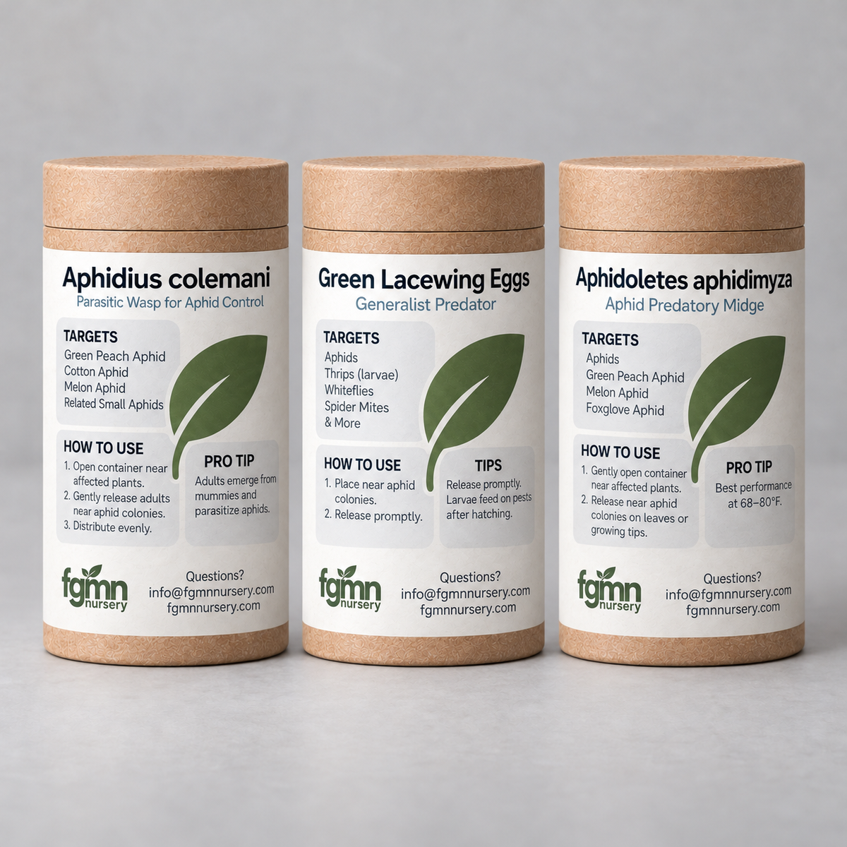 Aphid Moving Day kit: tubes of Aphidius colemani, green lacewing eggs and Aphidoletes aphidimyza