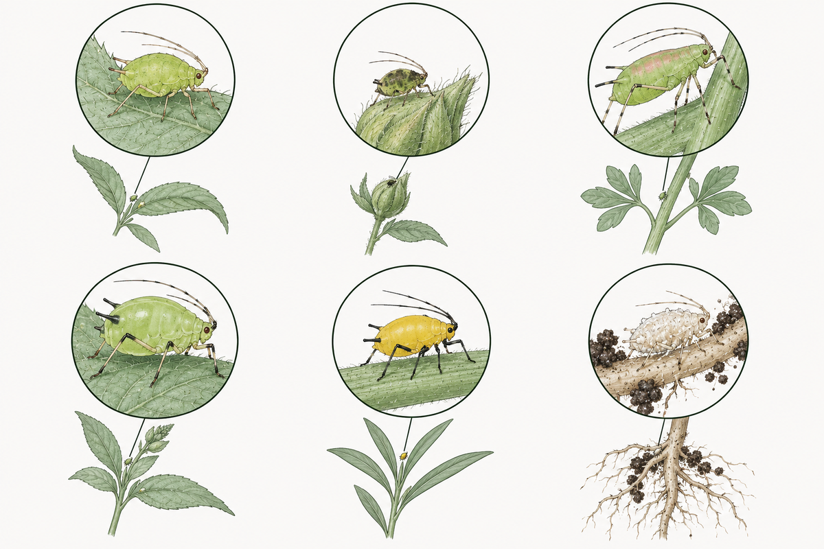 Six common aphids drawn to the same scale: green peach, melon, potato, foxglove, oleander and root aphid