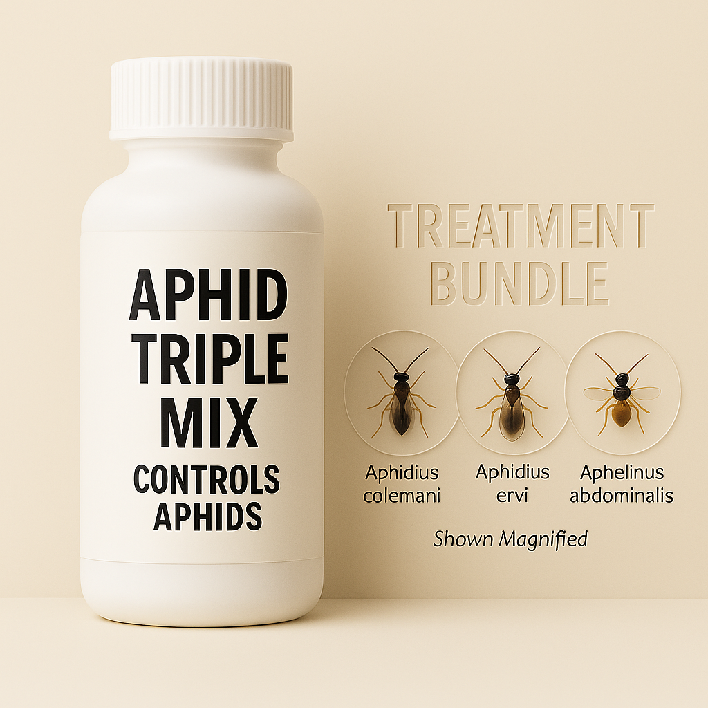 White bottle labeled Aphid Triple Mix with magnified illustrations of Aphidius colemani, Aphidius ervi, and Aphelinus abdominalis in etched circles, shown against a beige background, representing biological control of aphids