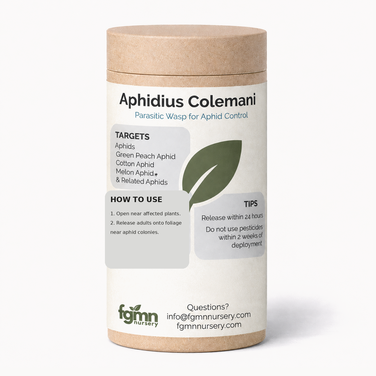 Kraft tube of FGMN Aphidius colemani parasitoid wasps, labelled for green peach and cotton aphids.