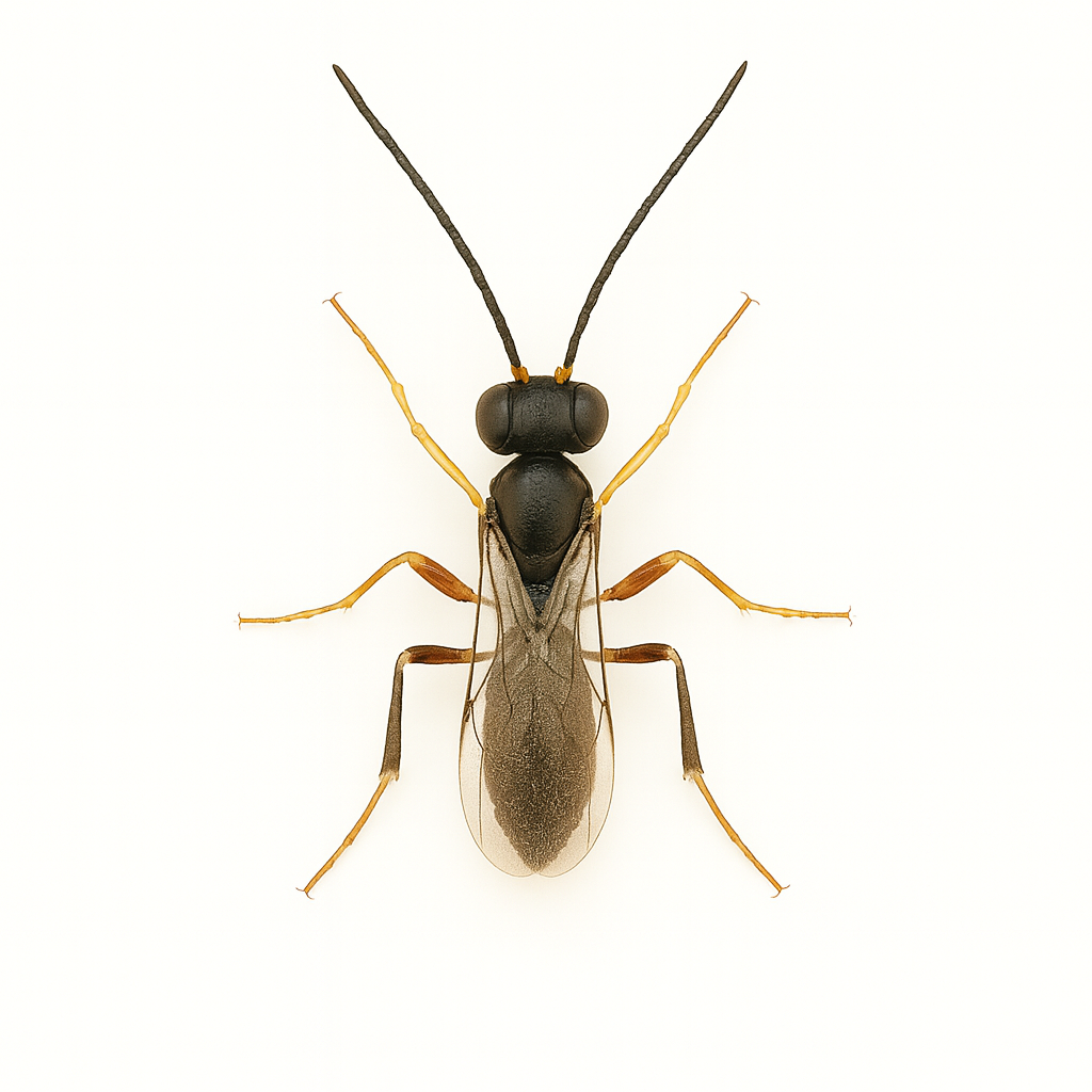 Aphidius colemani parasitic wasp on pure white background – beneficial insect used for biological control of aphids in greenhouse and crop systems.