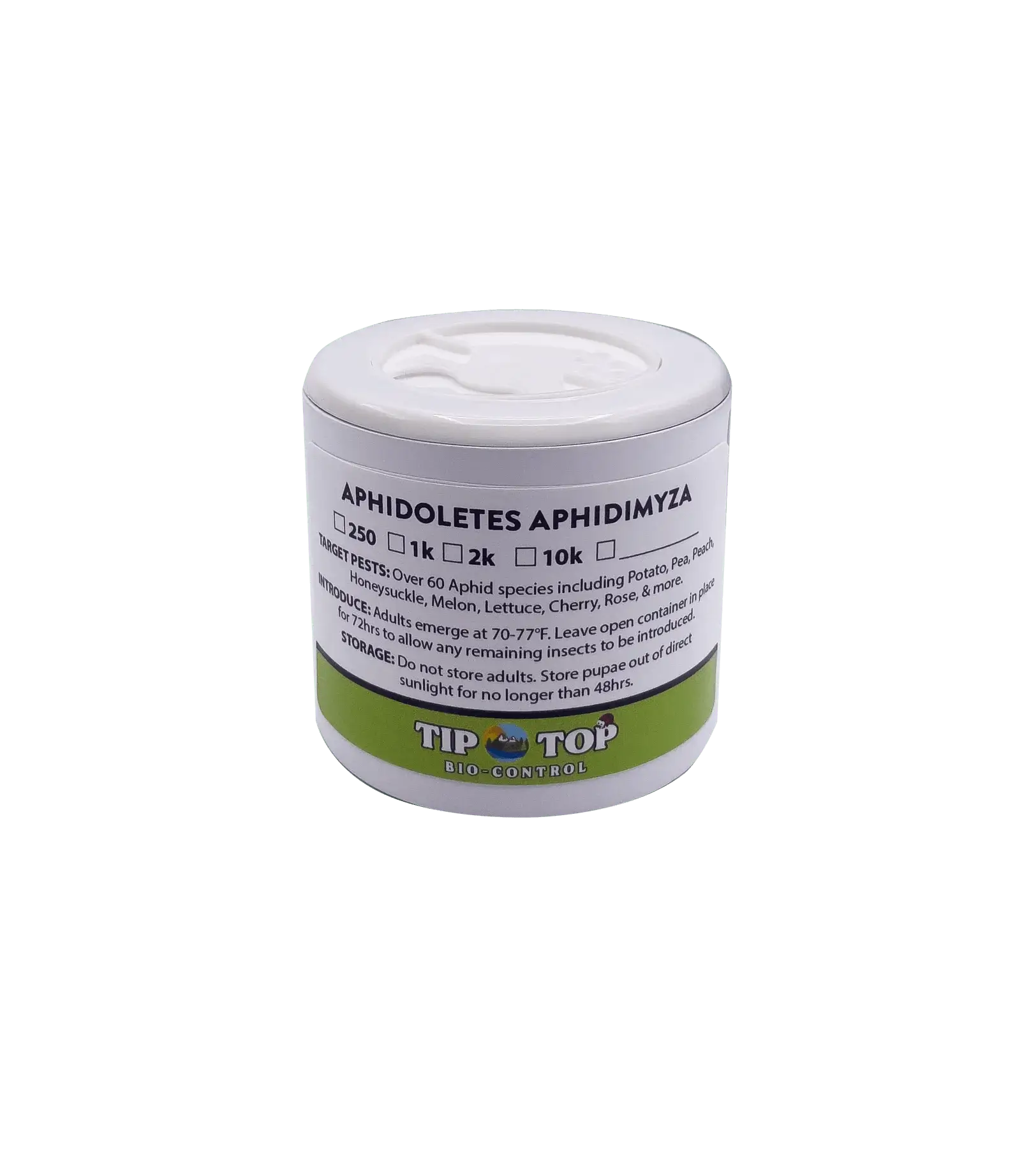 Aphidoletes aphidimyza container for eco-friendly aphid management, targets pests like potato and rose aphids, Tip Top Bio Control.