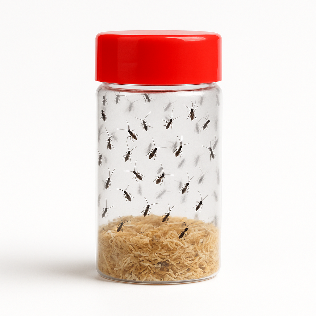 Clear bottle with red lid containing live parasitoid wasps for biological pest control – beneficial insects used to manage aphid populations in greenhouses and crops.