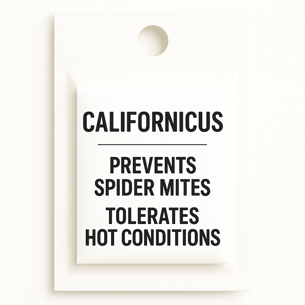 Neoseiulus californicus sachet on pure white background – beneficial predatory mite for preventing spider mites, tolerant of hot conditions, ideal for greenhouse and crop systems.