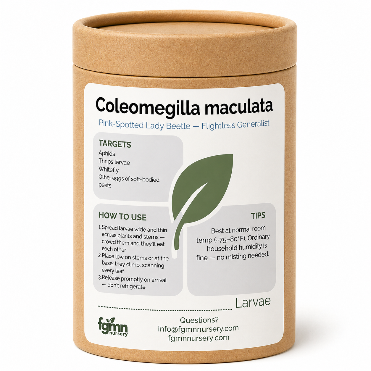 Container with a label for Coleomegilla maculata on a white background