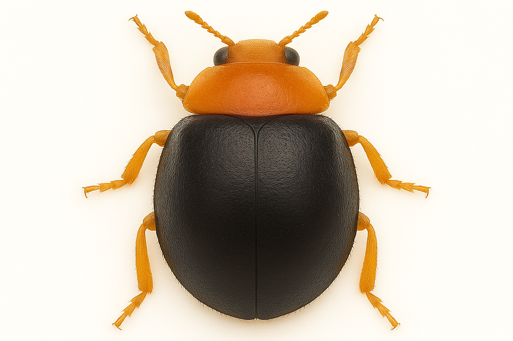 Cryptolaemus montrouzieri (mealybug destroyer beetle) on pure white background – beneficial insect for biological control of mealybugs and soft scale insects in greenhouse and crop systems.