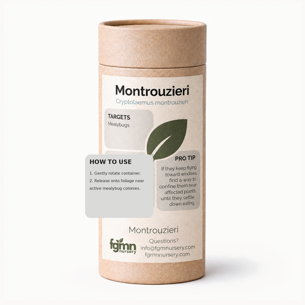 Kraft tube of FGMN Cryptolaemus montrouzieri mealybug destroyers, labelled for mealybugs.
