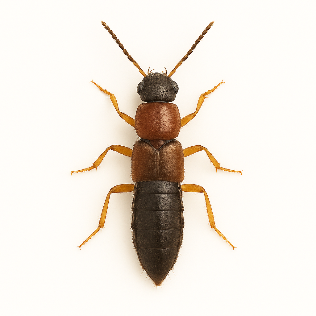 Dalotia coriaria (rove beetle) on pure white background – beneficial insect predator used for biological control of fungus gnat larvae, thrips pupae, and other soil-dwelling pests in greenhouse and crop systems.