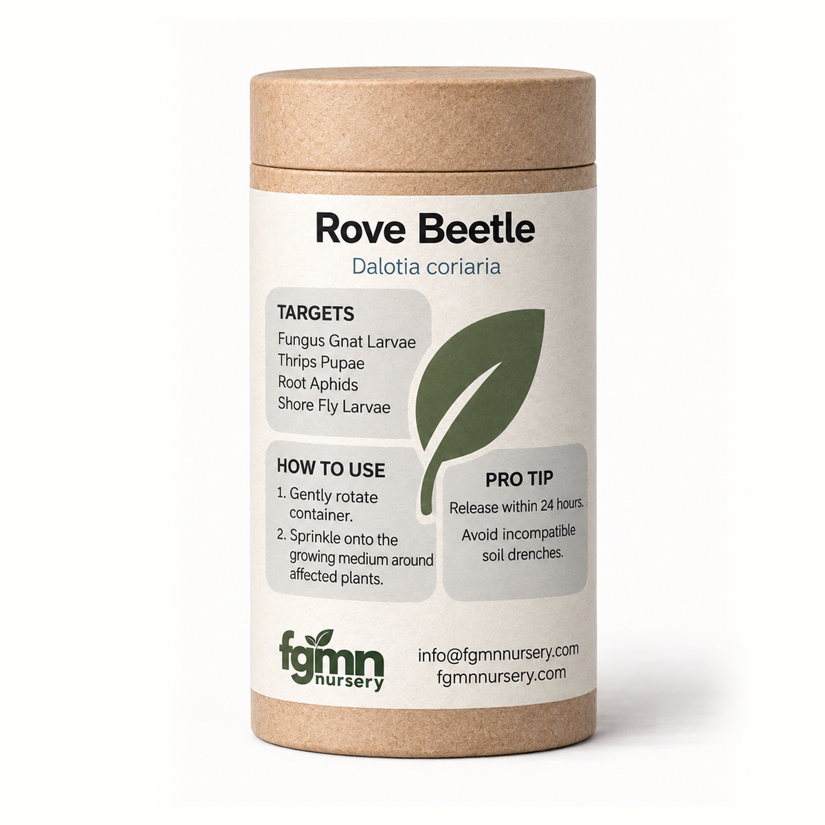 Kraft tube of FGMN Dalotia coriaria rove beetles, labelled for fungus gnats and shore flies.