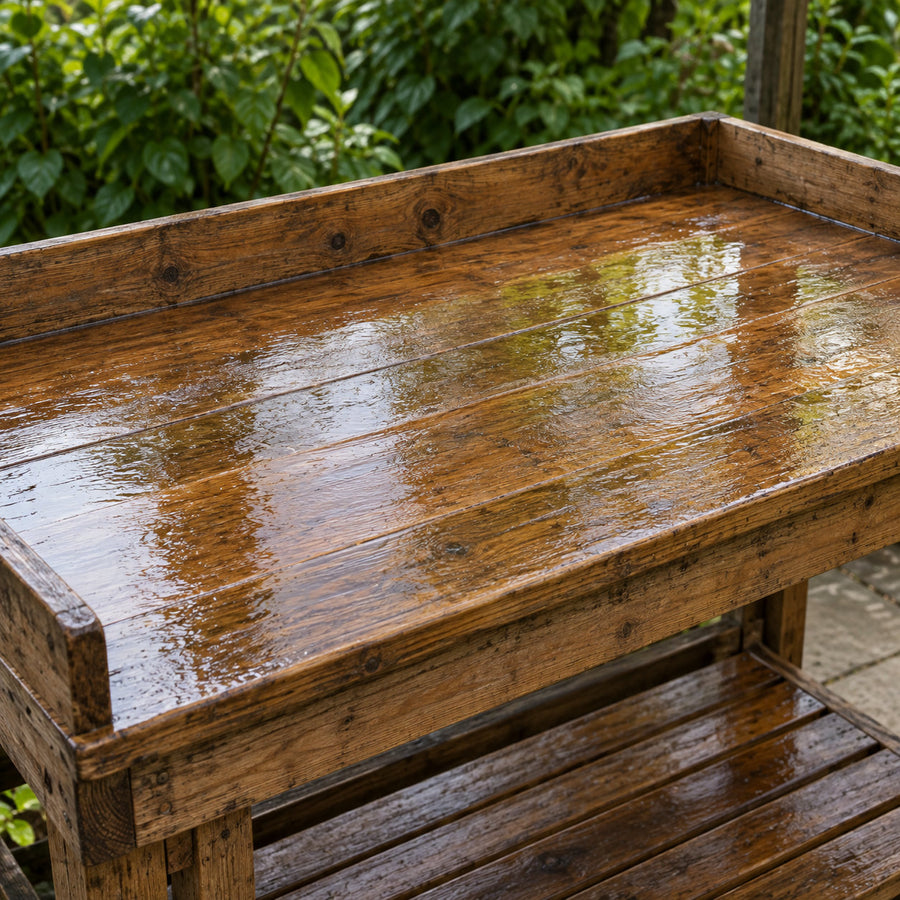 A wooden potting bench wiped down and still evenly wet across its whole surface.