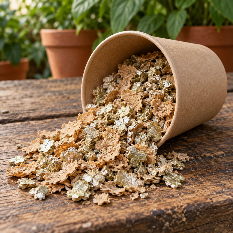 A kraft cup of mixed carrier — pale bran flakes and gold-silver vermiculite together.