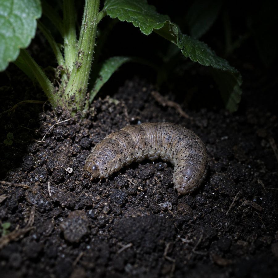 A single grey-brown cutworm crossing bare soil at the base of a plant, lit by a torch at night.