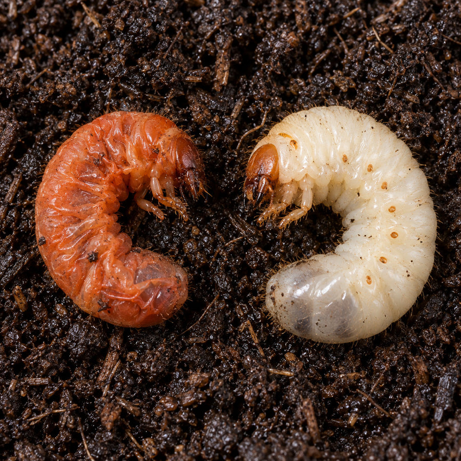 A brick-red grub killed by Heterorhabditis nematodes beside a normal creamy-white grub of the same size.