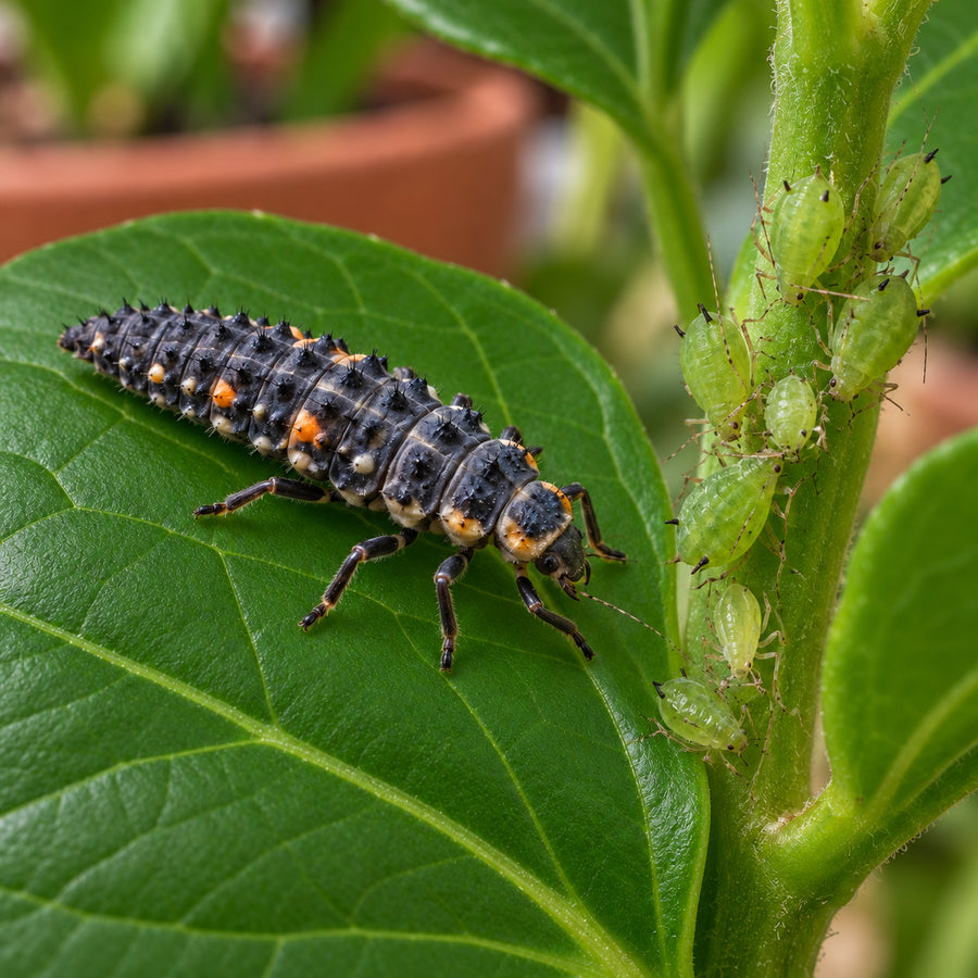 An alligator-shaped ladybug larva feeding among aphids on a green stem.