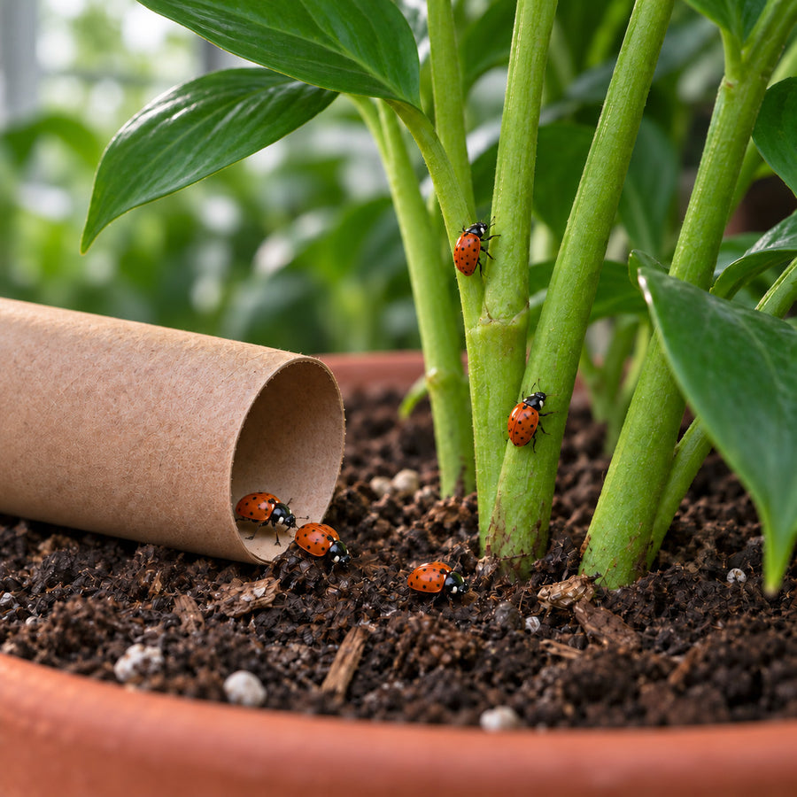 Ladybugs walking out of an open release tube onto potting soil.