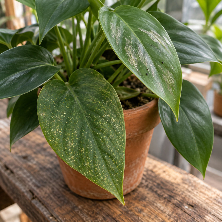 One plant with two kinds of damage: pale spider mite stippling on a lower leaf, silvered thrips scarring and frass above.