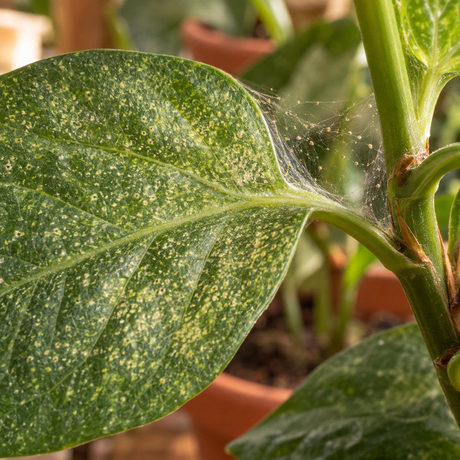 Two-spotted spider mite damage: fine pale stippling across a leaf.