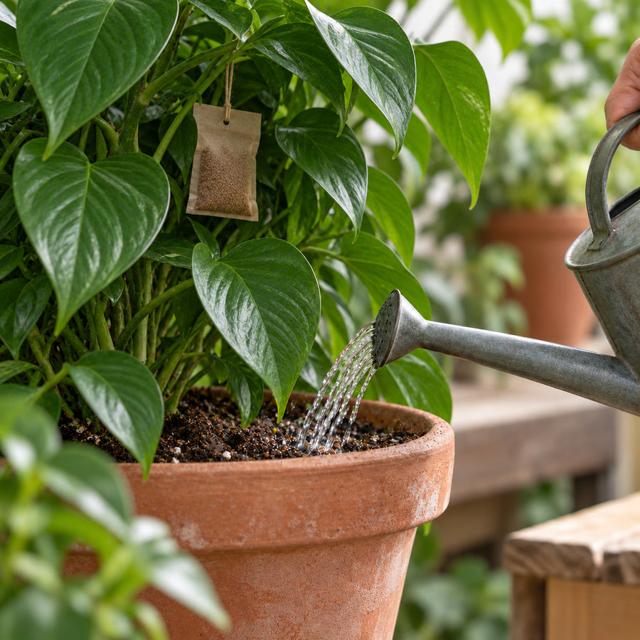 Watering a plant while keeping a slow-release sachet dry.