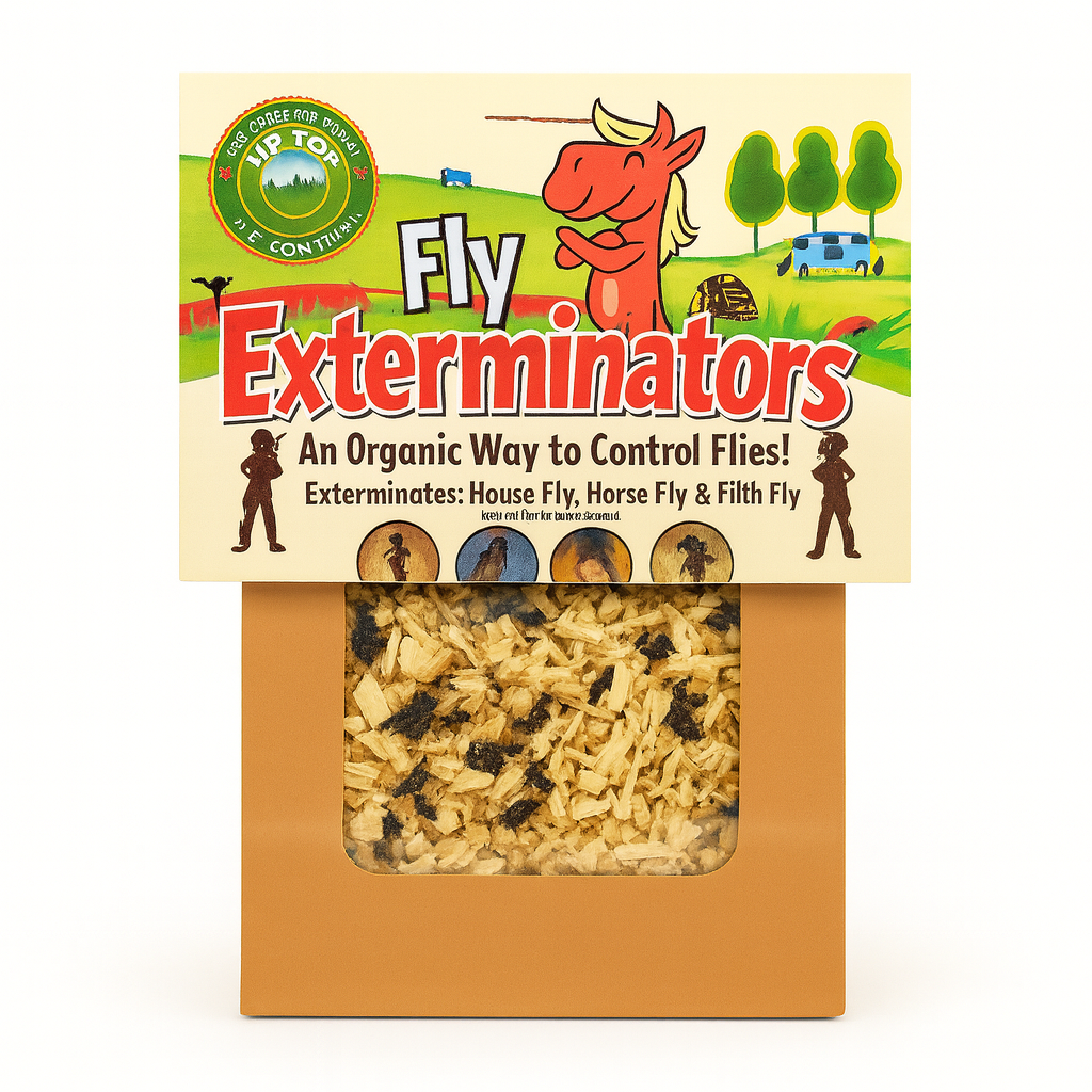 Fly Exterminators product packaging in square format – Muscidifurax raptorellus beneficial insects for organic fly control of house flies, horse flies, and filth flies.