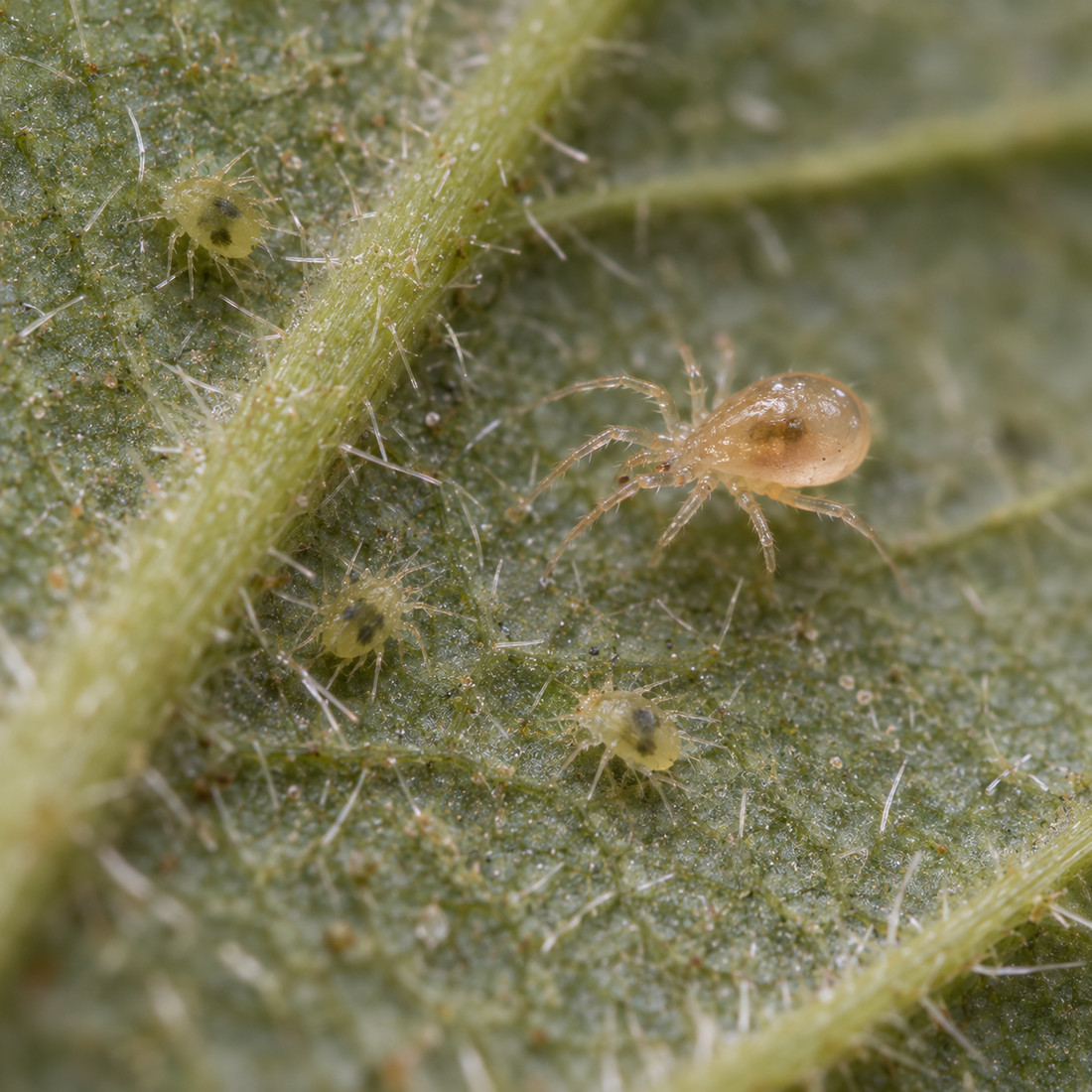 An Amblyseius andersoni predatory mite among spider mites on the underside of a rose leaf.