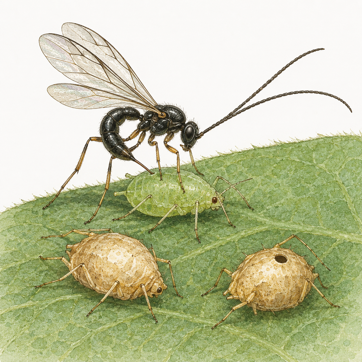 Illustration of an Aphidius colemani wasp curling its abdomen under to lay an egg in an aphid, beside two golden-tan aphid mummies.