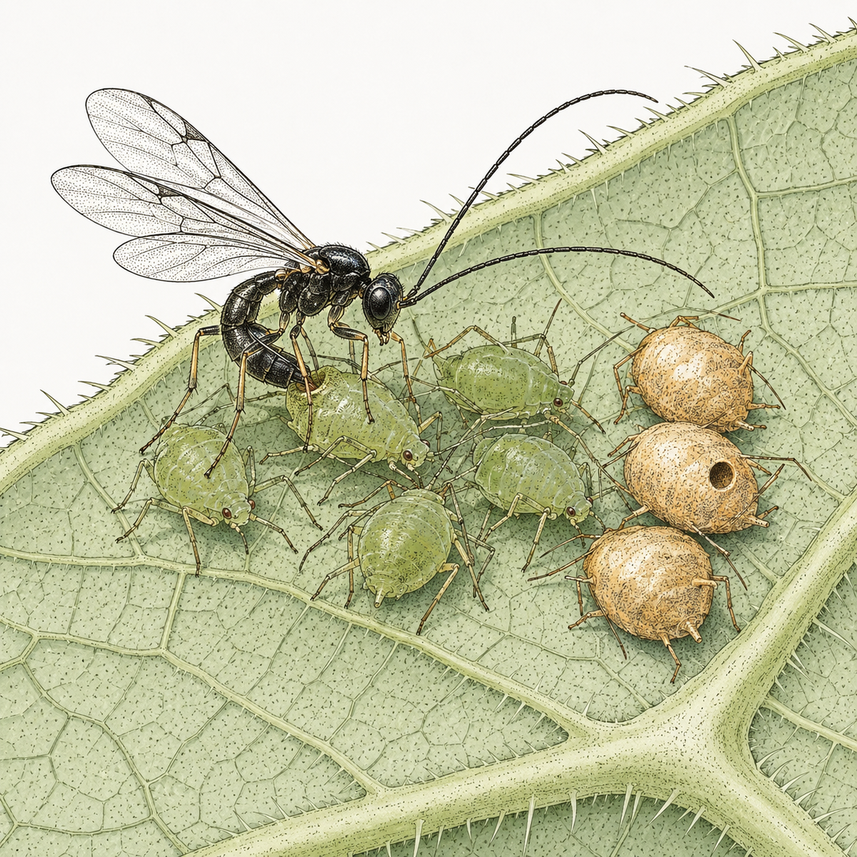 Illustration of an Aphidius matricariae wasp parasitizing an aphid in a small colony, with aphid mummies at its edge.