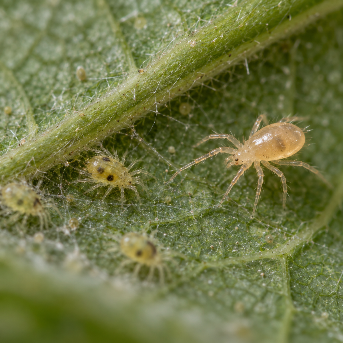 A pale Neoseiulus californicus predatory mite approaching spider mites on the underside of a leaf.