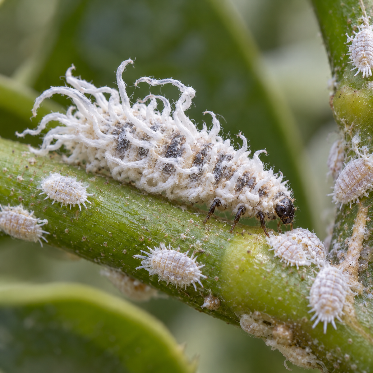 A Cryptolaemus montrouzieri larva, larger and with longer white wax tufts, feeding among a colony of mealybugs on a stem.