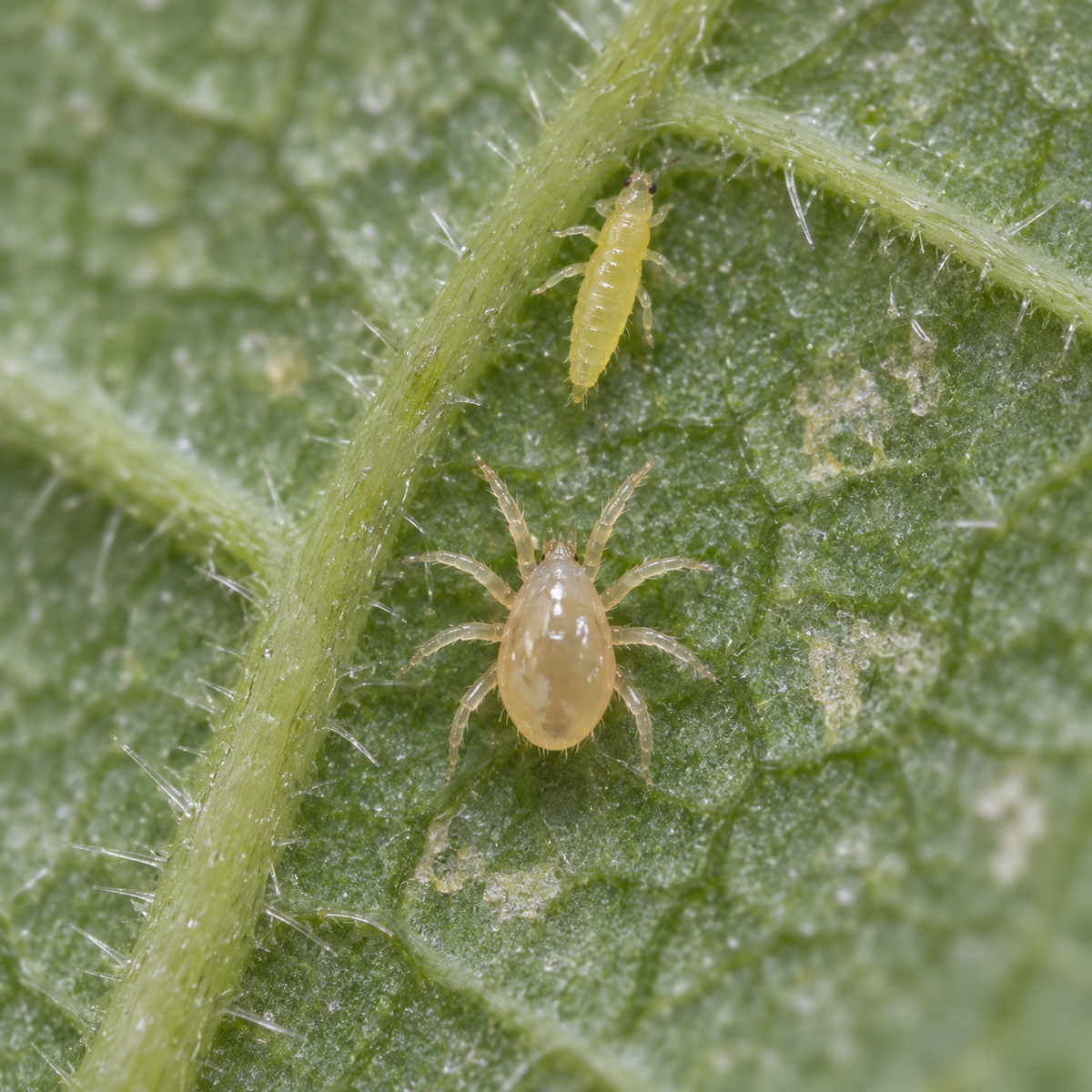 A Neoseiulus cucumeris predatory mite next to a thrips larva on the underside of a cucumber leaf.