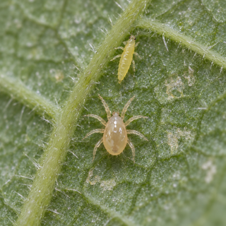 A Neoseiulus cucumeris predatory mite next to a thrips larva on the underside of a cucumber leaf.