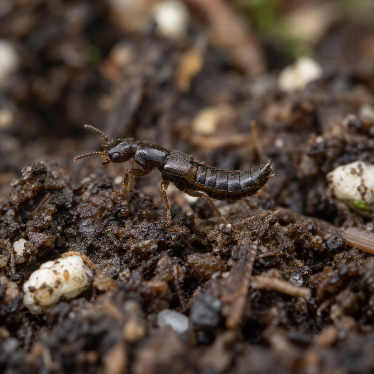 A Dalotia coriaria rove beetle moving across the surface of dark potting soil.