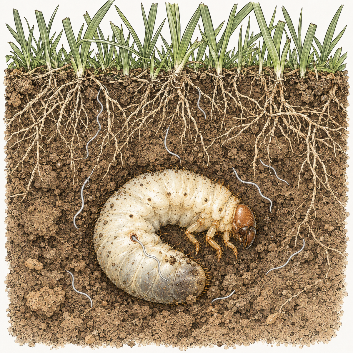 Illustration of Heterorhabditis bacteriophora nematodes moving down through lawn soil toward a C-shaped white grub.