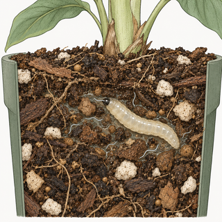 Illustration of beneficial nematodes, Steinernema feltiae, moving through moist potting mix toward a fungus gnat larva in the top inch of soil.