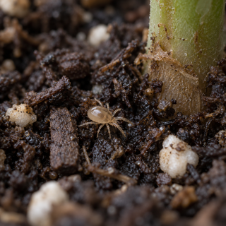 A Stratiolaelaps scimitus soil mite on moist potting mix at the base of a plant stem.