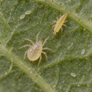 A pale Amblyseius swirskii predatory mite facing a young thrips larva on the underside of a pepper leaf.