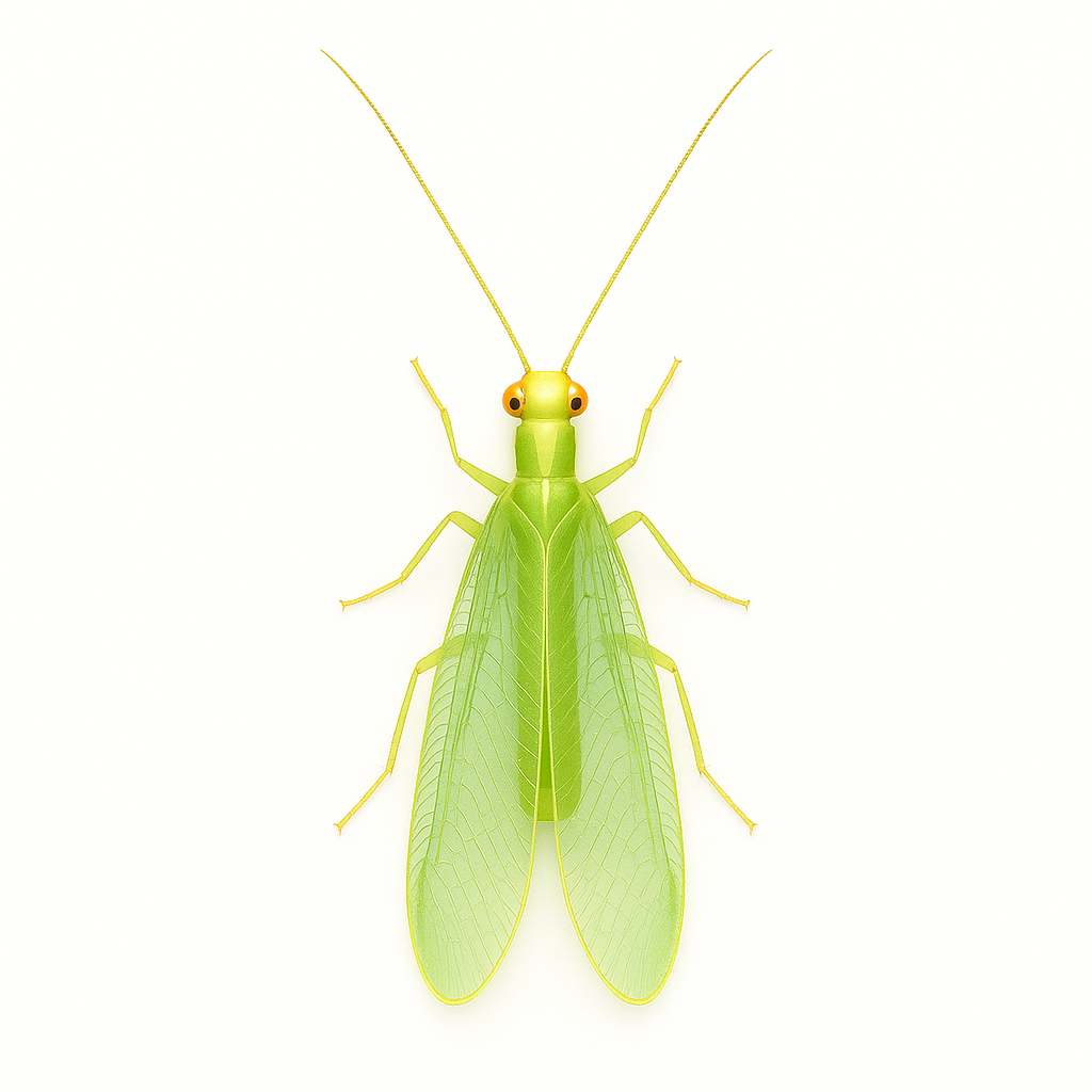 Adult green lacewing (Chrysoperla rufilabris) on white background – beneficial insect used in biological control of aphids, thrips, whiteflies, and soft-bodied insect pests.