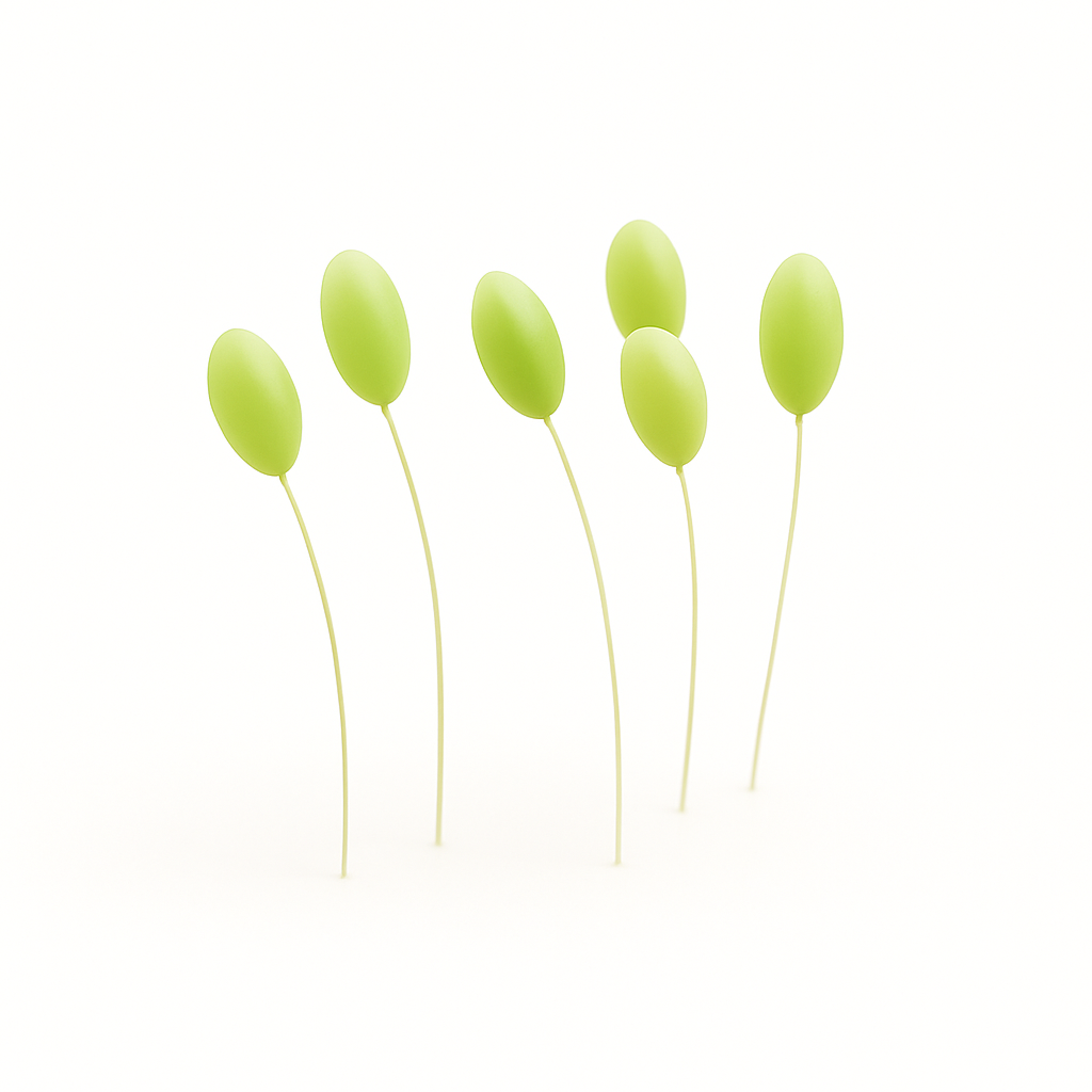 Green lacewing eggs on stalks against pure white background – beneficial insect eggs that hatch into larvae used for biological control of aphids, thrips, and other soft-bodied pests.