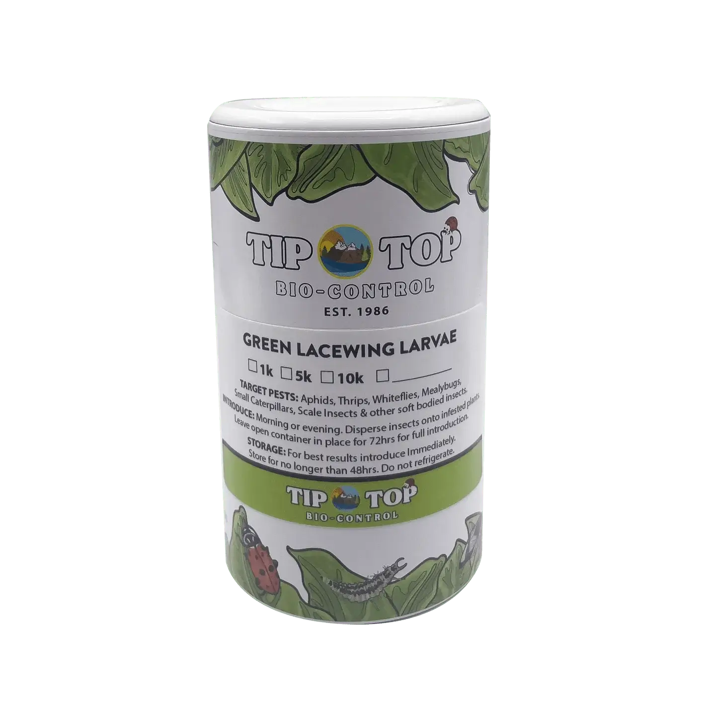 Container of Tip Top Bio-Control Green Lacewing Larvae for organic pest control in gardens and greenhouses.