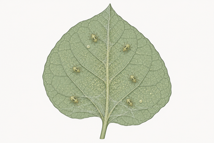 Ink and watercolor drawing of a bean leaf underside with pale spider mite stippling, fine webbing, six two-spotted spider mites and two eggs.