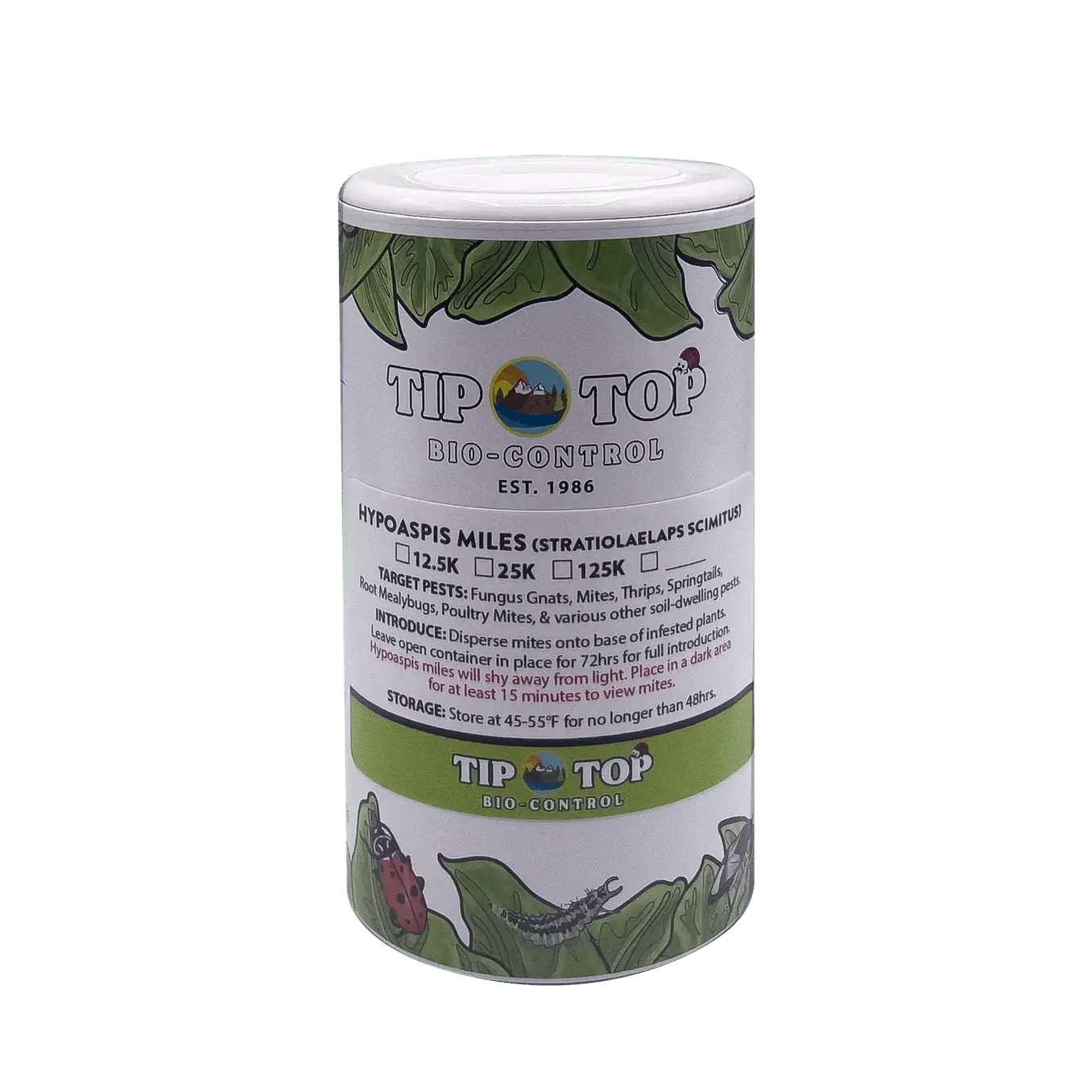 Bottle of Hypoaspis miles (Stratiolaelaps scimitus) predatory mites for natural pest control from Tip Top Bio-Control