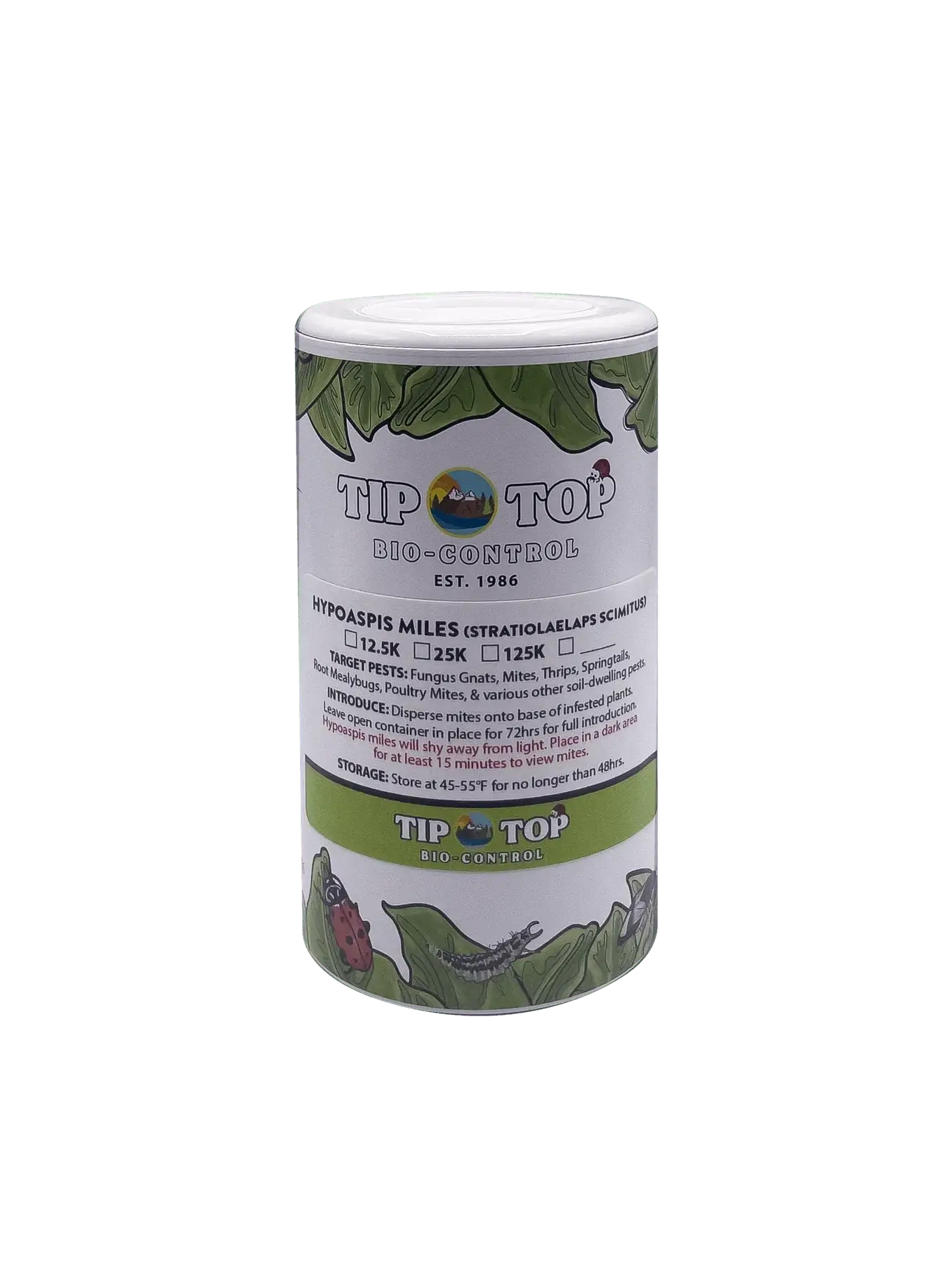 Bottle of Hypoaspis miles (Stratiolaelaps scimitus) predatory mites for natural pest control from Tip Top Bio-Control