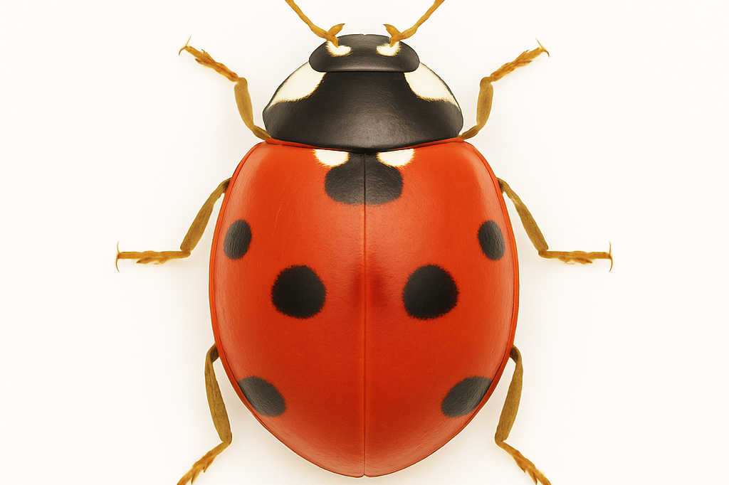 Adult ladybug (Coccinellidae) on a pure white background – beneficial insect used in biological pest control of aphids, mites, and other soft-bodied pests.