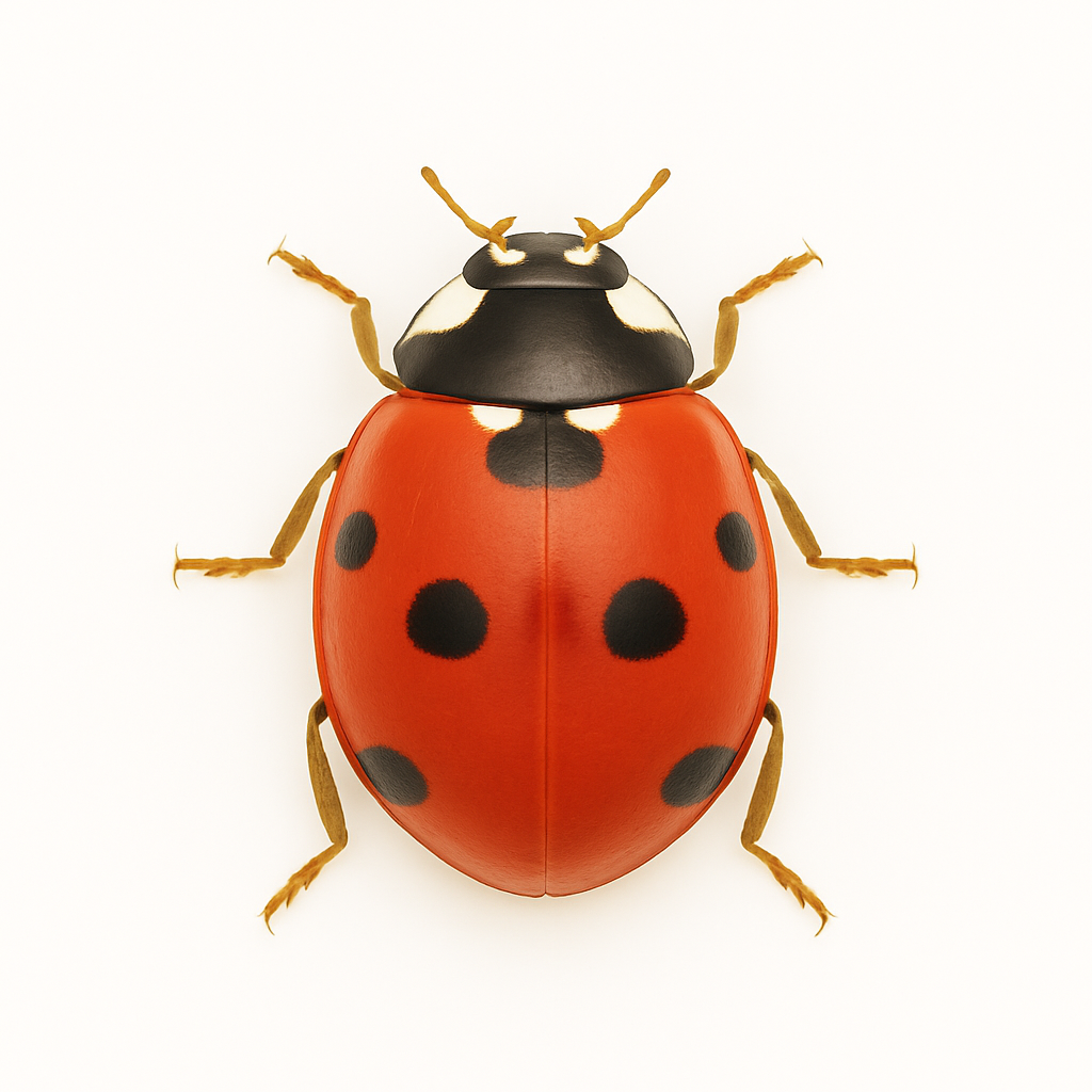 Adult ladybug (Coccinellidae) on a pure white background – beneficial insect used in biological pest control of aphids, mites, and other soft-bodied pests.