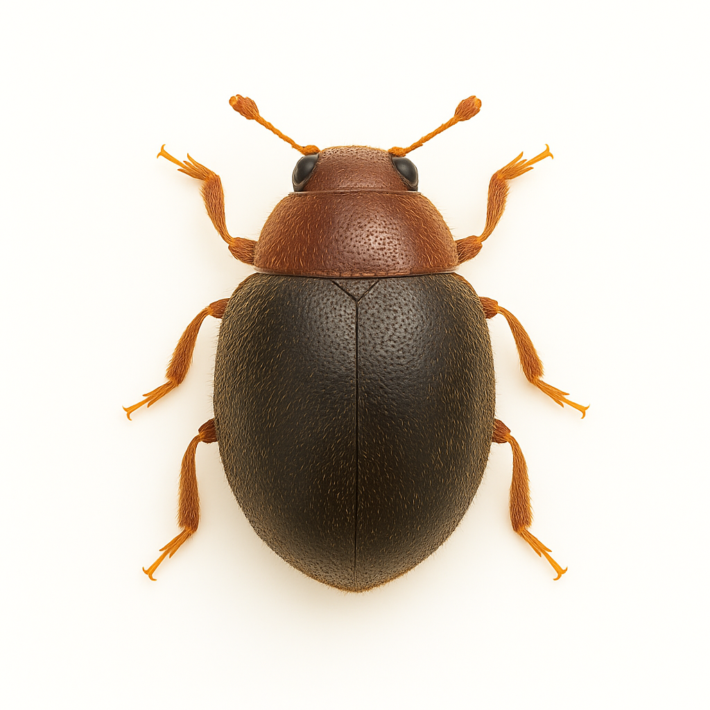 Lindorus lophanthae (scale destroyer beetle) on pure white background – beneficial insect predator for biological control of armored scale insects in orchards, citrus, and greenhouse crops.