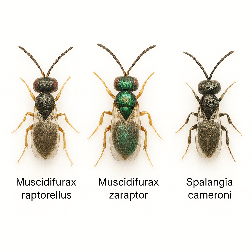 Macro photograph of parasitic wasps Muscidifurax raptorellus, Muscidifurax zaraptor, and Spalangia cameroni on white background – beneficial insects used in biological fly control for livestock and manure management.