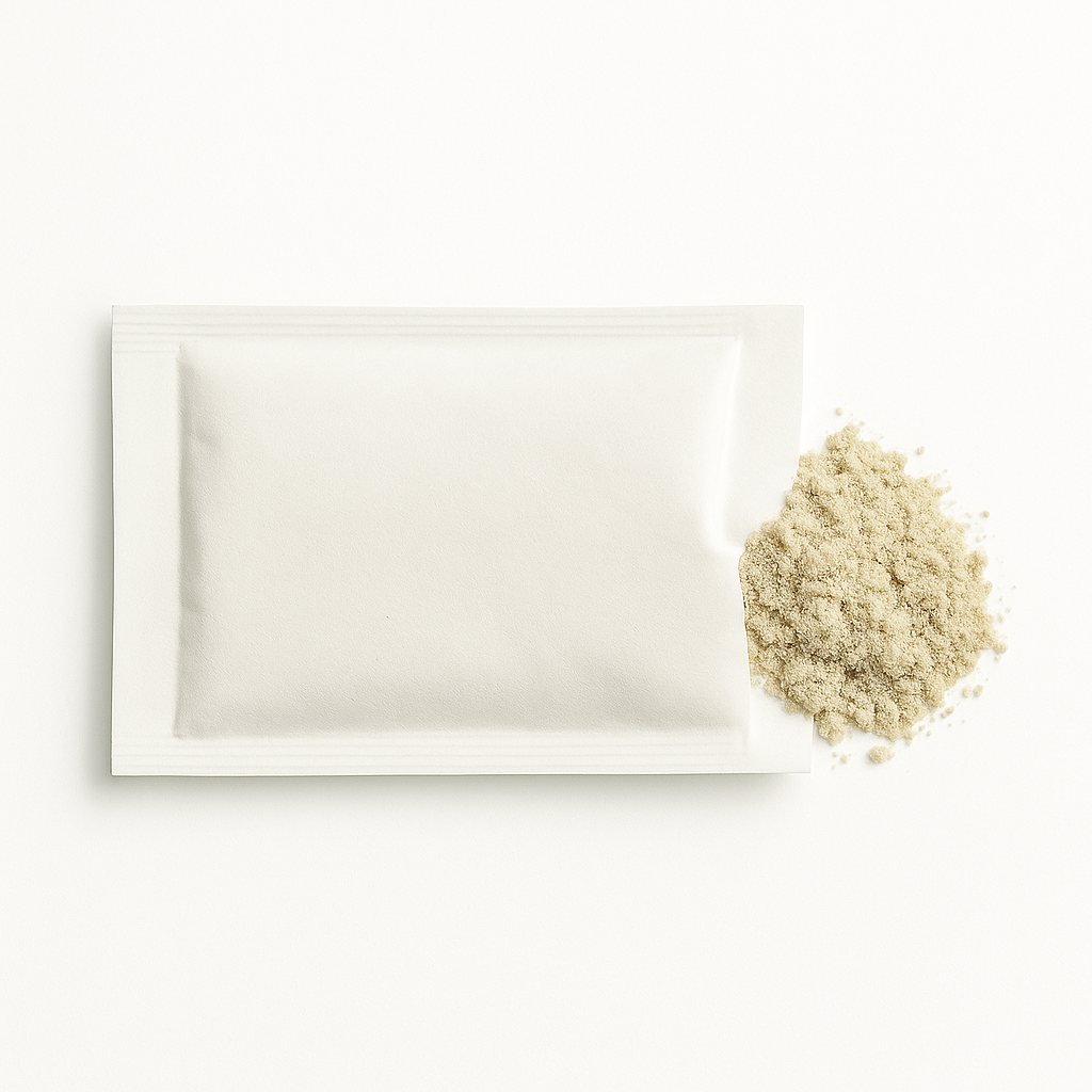 Triple Blend Nematodes in a white sachet with beige carrier material spilling out – beneficial nematodes for biological control of soil-dwelling pests such as fungus gnats, root mealies, and grubs.